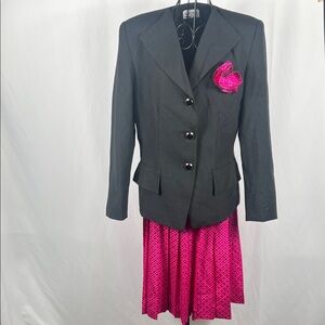 VTG 90’s Kasper Blazer Midi Skirt‎ Set Women’s 12 Black & Pink Polka Dot Button